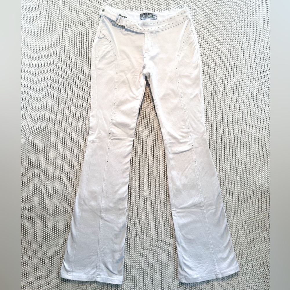 Vintage Y2K Cris Neto Rhinestone Bling Buckle White Flare Pants